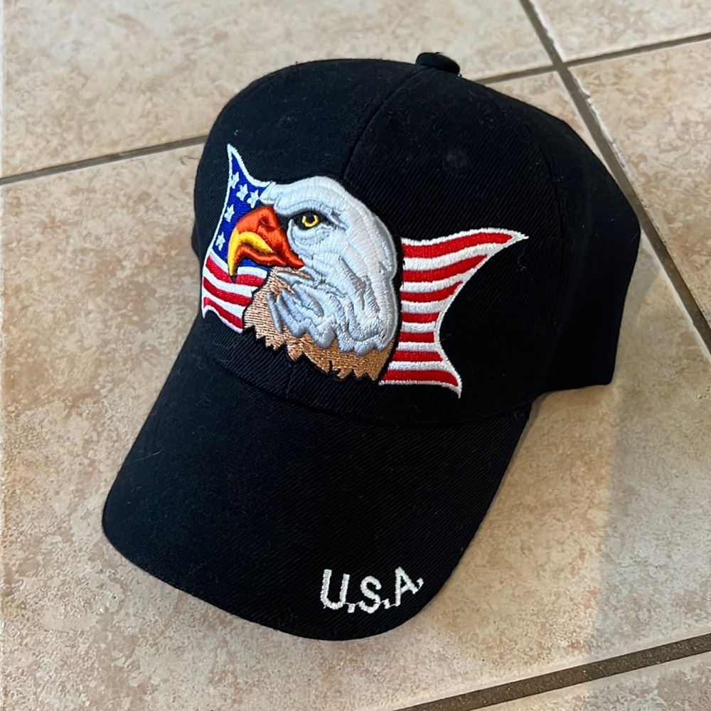 USA American‎ Flag + Eagle Embroidered Hat - Black & Adjustable w/ Velcro